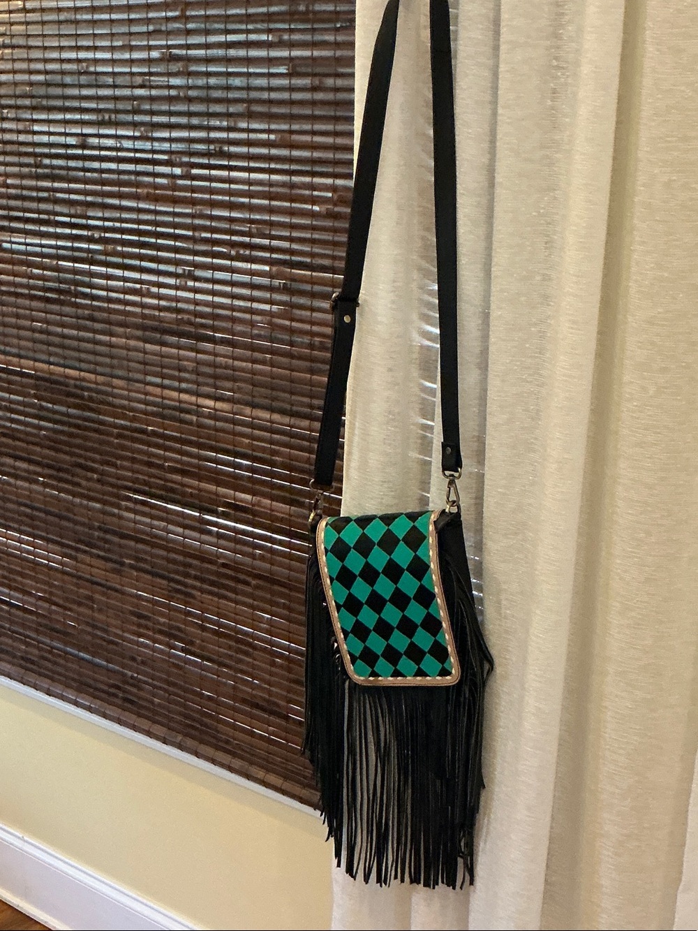 Black Fringe Crossbody Bag with Teal Checker Flap Leather